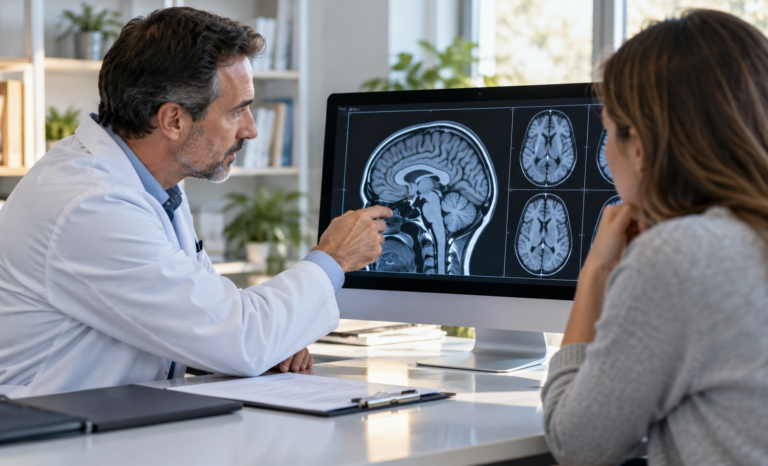 Consulta sobre salud cerebral con imágenes médicas del cerebro y seguimiento profesional.