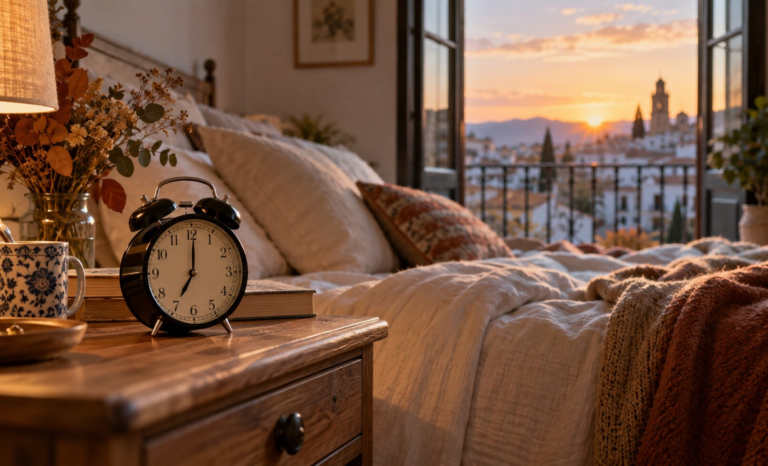 Reloj analógico junto a una ventana al amanecer en una vivienda española durante el cambio al horario de invierno.