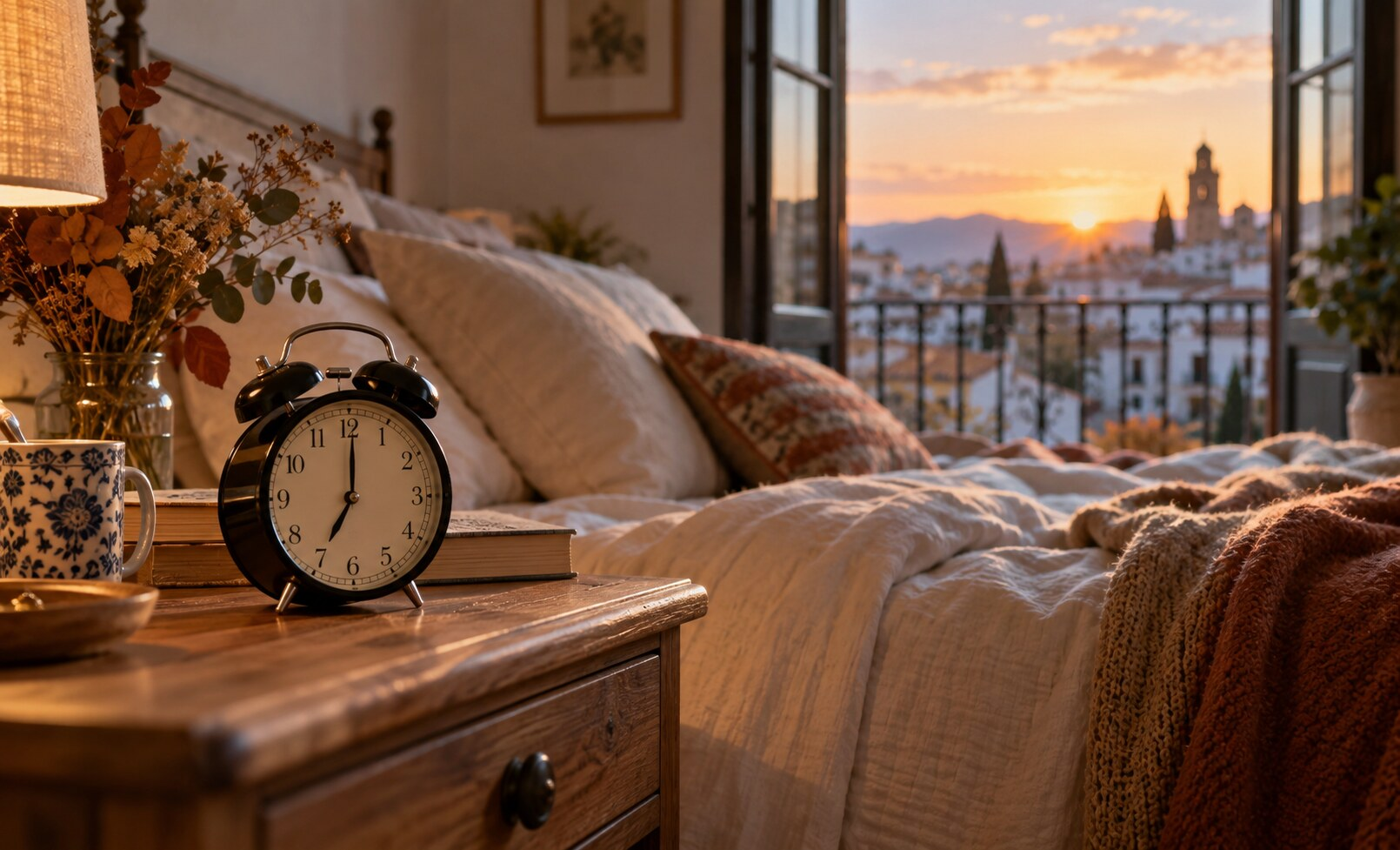 Reloj analógico junto a una ventana al amanecer en una vivienda española durante el cambio al horario de invierno.