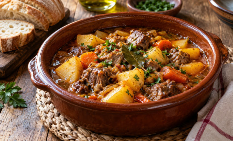 Guiso de cocina tradicional con carne y patatas servido en una cazuela rústica.