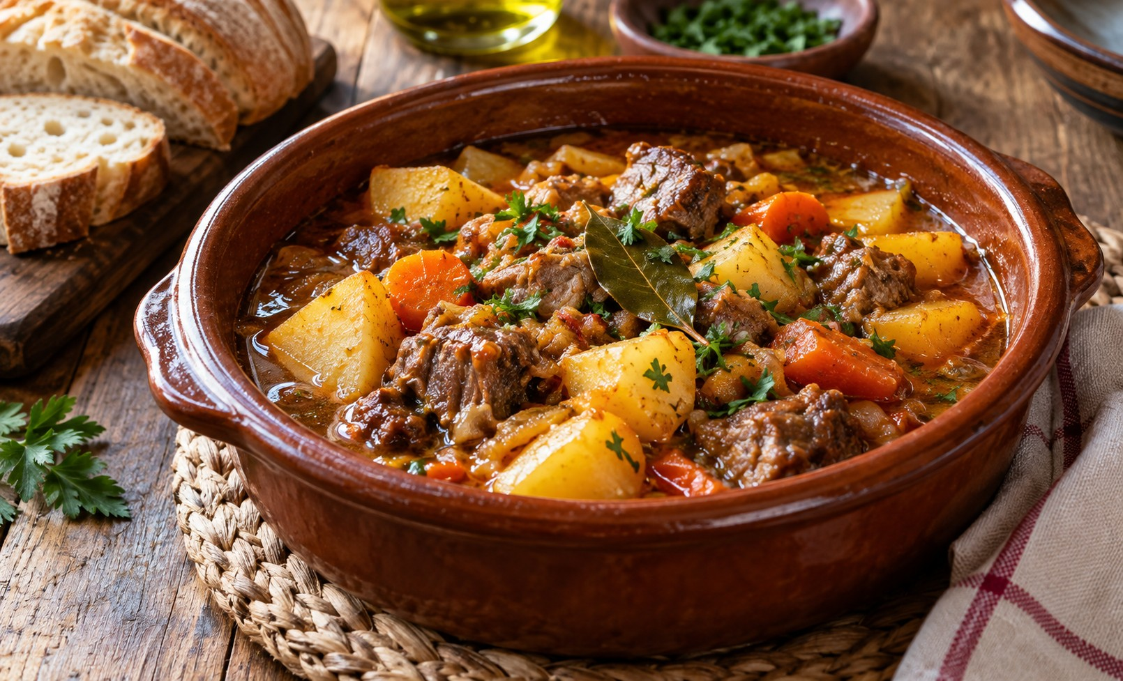 Guiso de cocina tradicional con carne y patatas servido en una cazuela rústica.