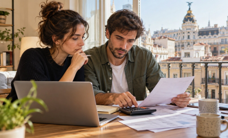 Pareja joven revisando anuncios de vivienda y una calculadora en una mesa de un piso de Madrid.
