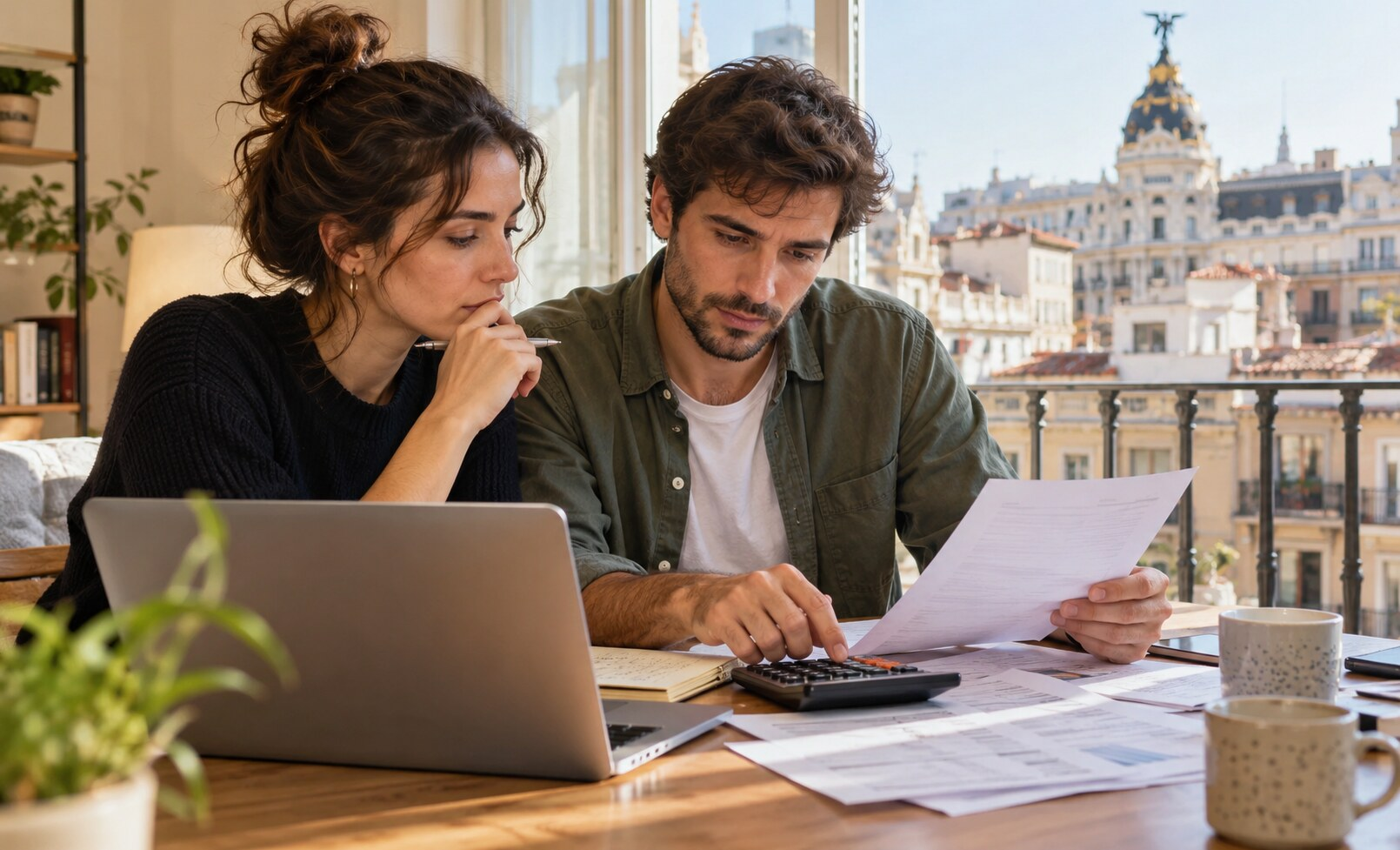 Pareja joven revisando anuncios de vivienda y una calculadora en una mesa de un piso de Madrid.