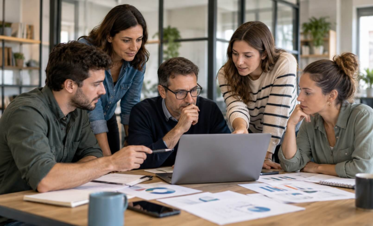 Responsables de una pequeña empresa revisando métricas y procesos digitales en una reunión.