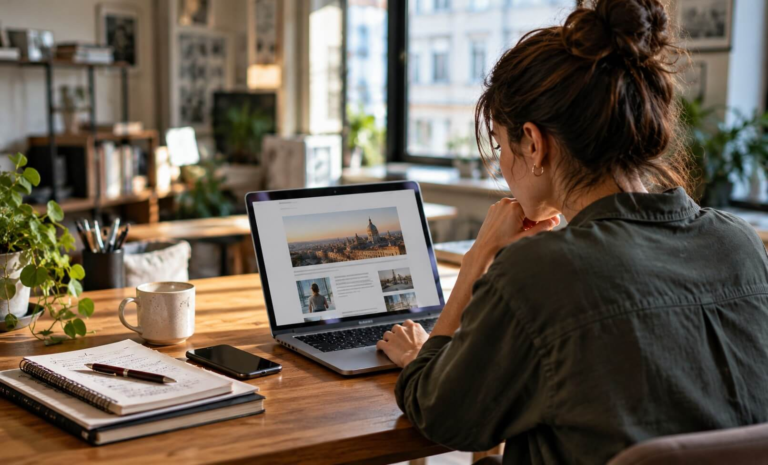 Persona leyendo una newsletter en su ordenador junto a una taza de café en un entorno cotidiano.